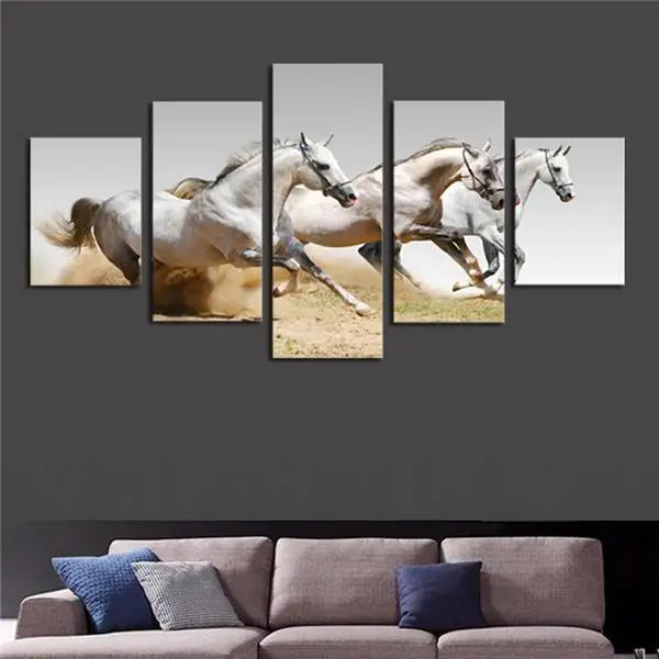 Без рамки 5 панелей белые бегущие лошади картина Hd холст печать художественная