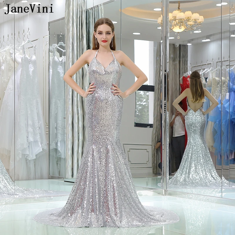 JaneVini сексуальное длинное платье подружки невесты 2018 блестящее Серебряное с