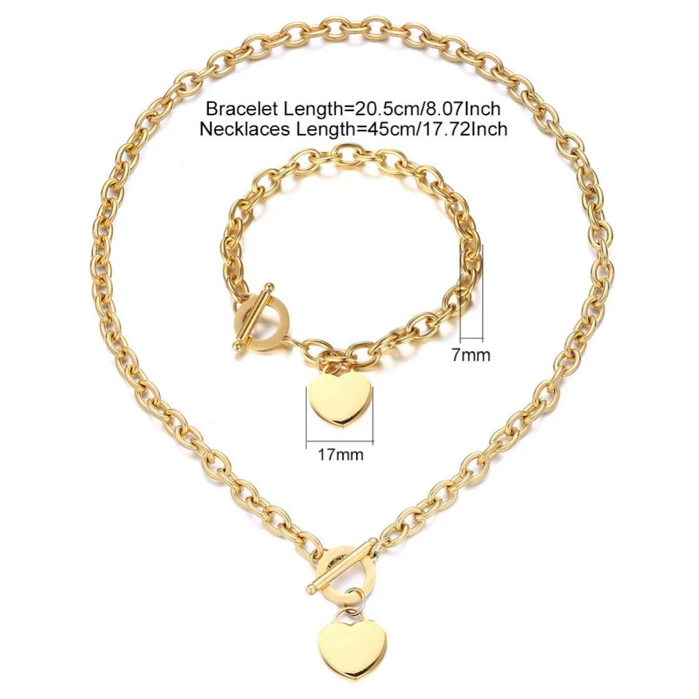 Stainless Steel Chain Heart Jewelry Sets For Women OT Clasp Peach Charm Toggle Necklace Bracelet Set | Украшения и аксессуары