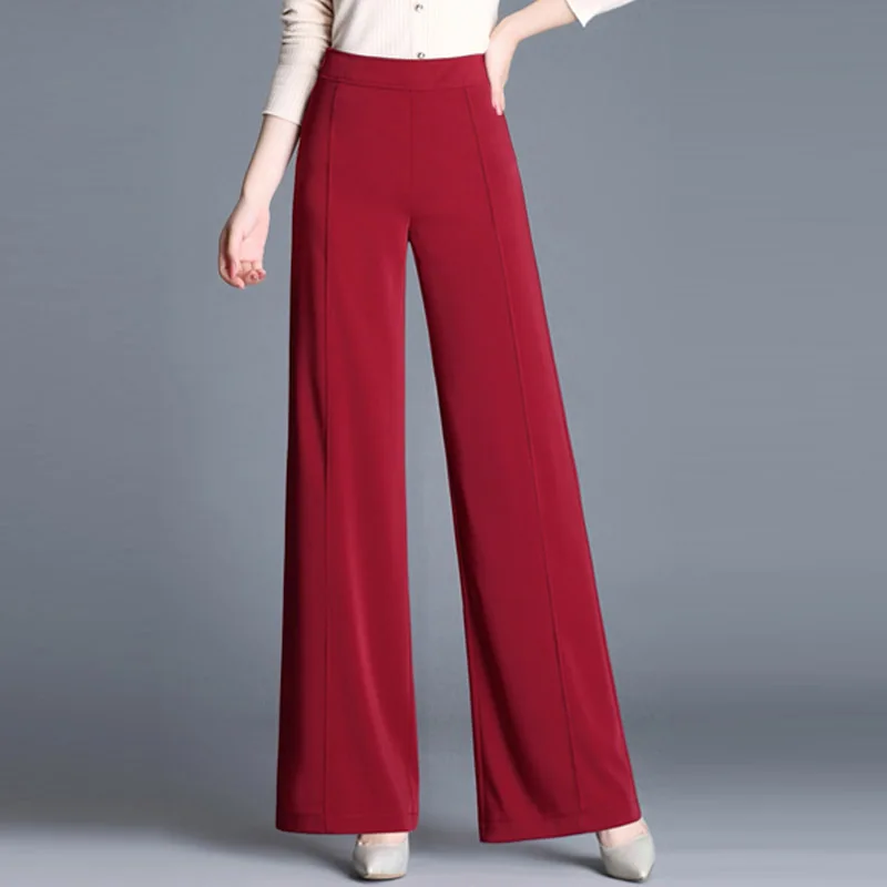 Fall Spring Office Ladies Woman High Waisted Red Balck Grey Green Wide Leg Elegant Pants , Female Womens Loose Formal Trousers