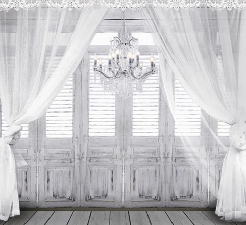 

8x8FT Indoor Grey Gray Wooden Doors White Curtain Chandeliers Custom Photography Studio Background Backdrop Vinyl 240cm x 240cm