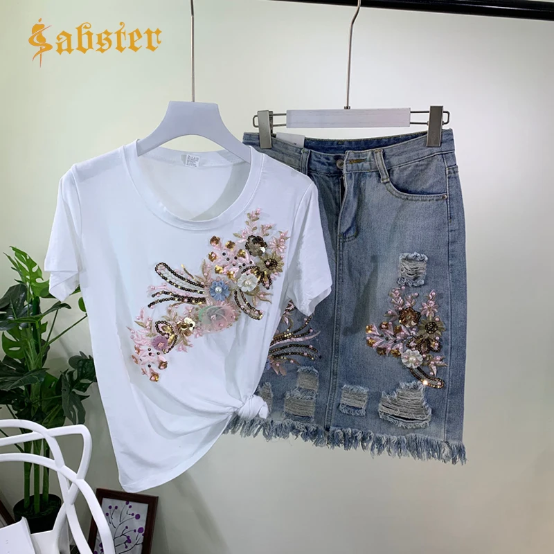 2019 Новое поступление модные женские комплекты хлопковая Футболка и джинсовая
