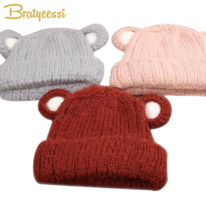 Cartoon Kids Winter Hats with Ears Solid Color Knit Baby Cap Boys Girls Beanie for 2-5 years Multicolor 1 PC | Детская одежда и