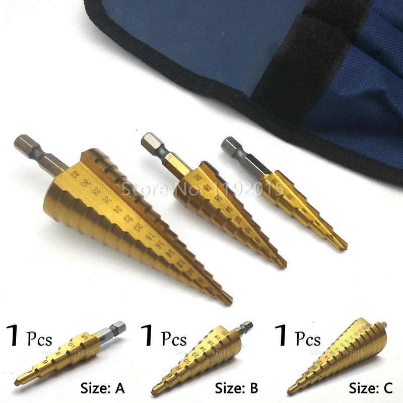 

4-32mm 4-20mm 4-12mm Metric Hex Spiral Grooved Flute Step HSS Steel 4241 Cone Titanium Coated Drill Bits Tool Set Hole Cutter