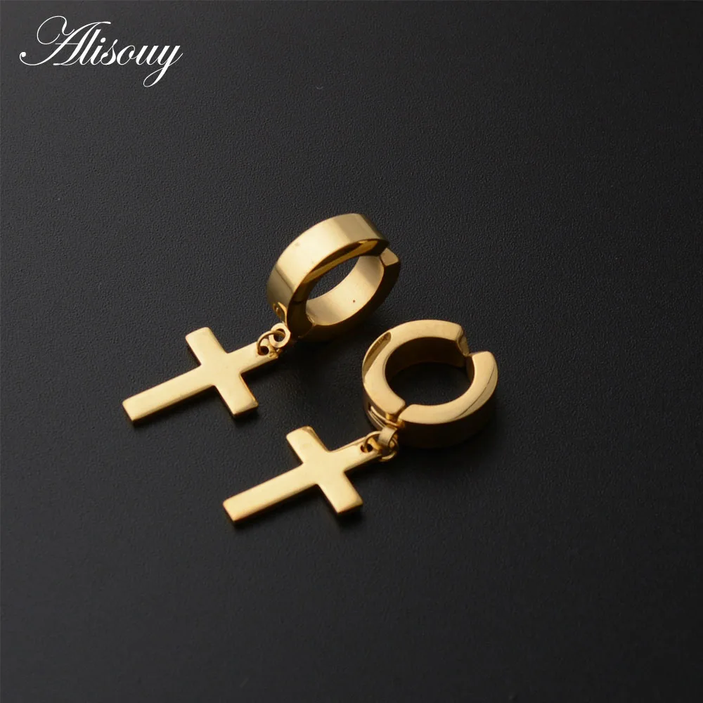 No Pierced 9mm Gold Alisouy для мужчин и женщин из нержавеющей стали серьги-подвески в стиле панк крест Huggie серьги круг Простой ушной пряжки - Окраска металла: No Pierced 9mm Gold
