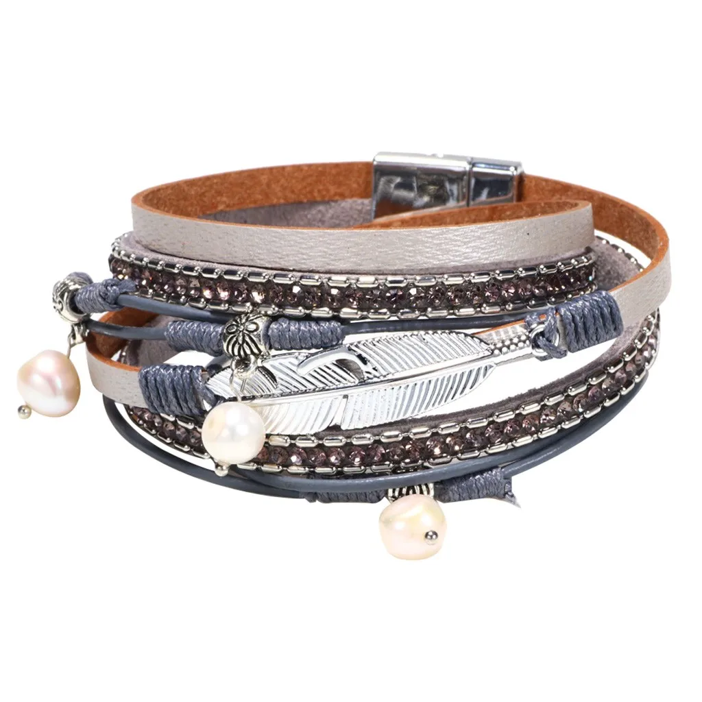 Модный Многослойный кожаный браслет плетеный обтягивающий манжеты женские