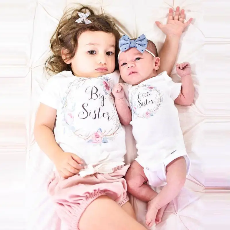 Одежда для малышей Обувь девочек короткий рукав письмо цветочные Sister футболка