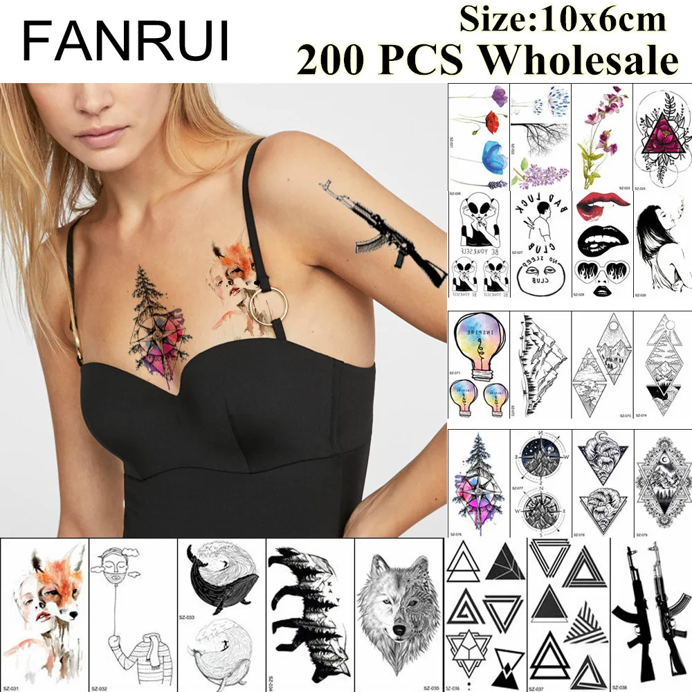 FANRUI 200 Pieces Wholesale Watercolor Tattoo Temporary Forest Wolf Tatoo Men Women Henna Body Art Fake Tattoo Sticker Supplies