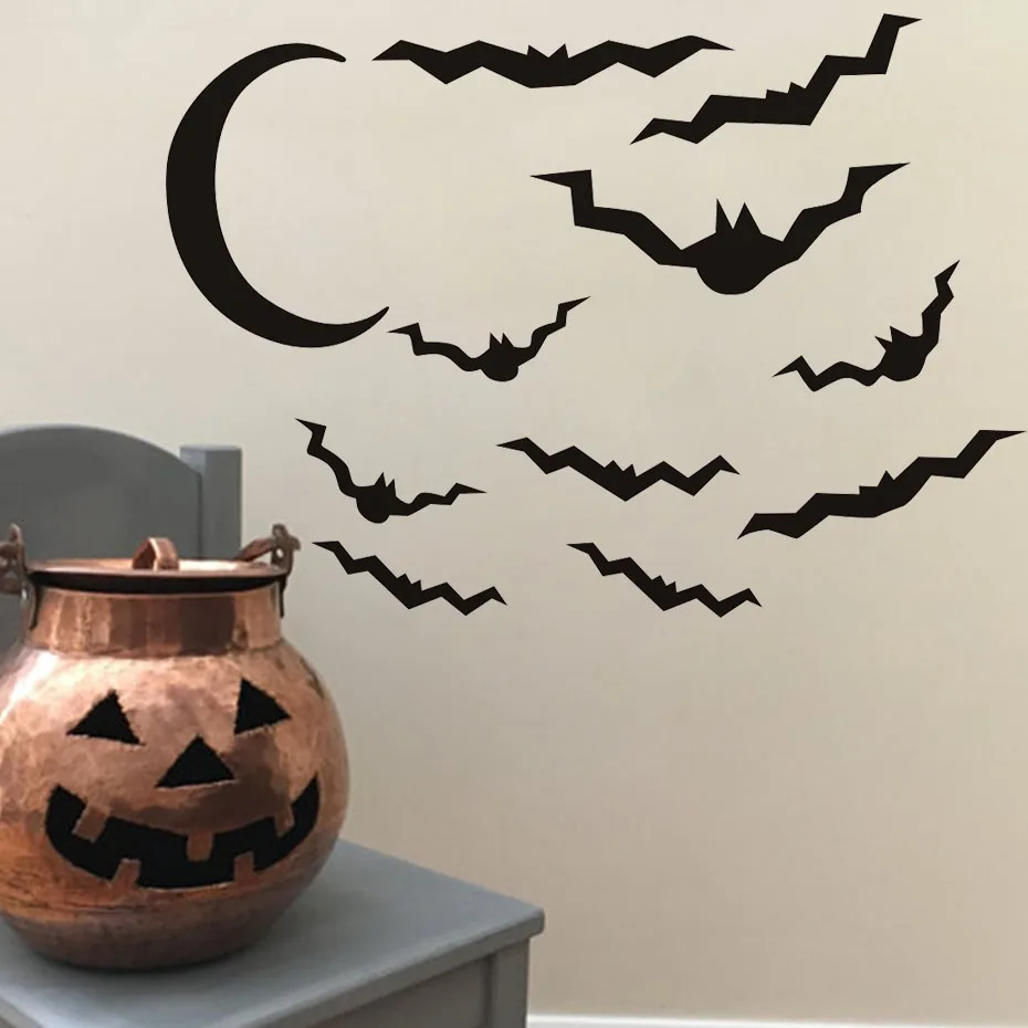 Bats&Moon Halloween Party Window Decals Modern Wall Stickers For Bedroom Living Room Home Decor Waterproof Accessory Wallpaper | Дом и сад