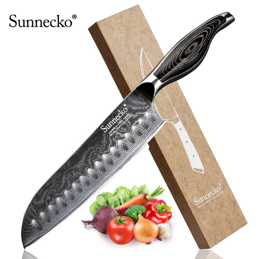 

SUNNECKO 7" inch Santoku Kitchen Knife Japanese VG10 Damascus Steel Razor Sharp Blade Knives Pakka Wood Handle Meat Cutter