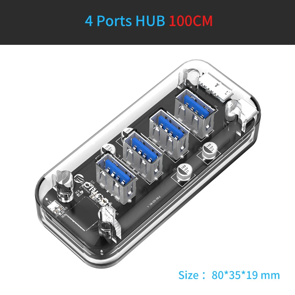 ORICO 4/7 портов USB3.0 концентратор прозрачный высокоскоростной с микро USB интерфейс питания usb-хаб поддержка OTG для Mac/Windows/Linux - Цвет: F4U-100CM