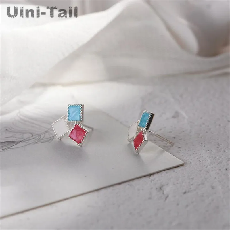 Uini-хвост популярные новые 925 серебро простой цвет квадратные серьги милая одежда
