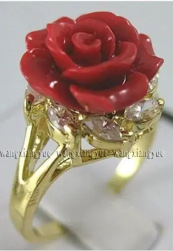 Очаровательная! Резной красный коралл цветок Размеры колец: 6 7 8 9 |ring size|flower ringrings