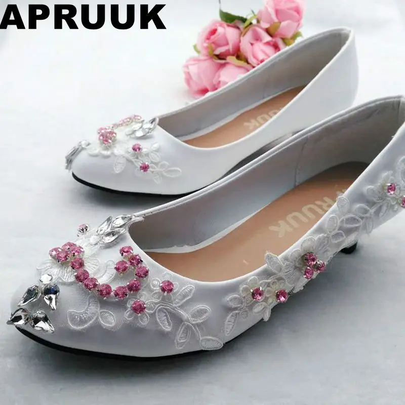 Pink crystal rhinestones wedding shoes bride white lace round toes small low heel lady female party proms dress | Обувь