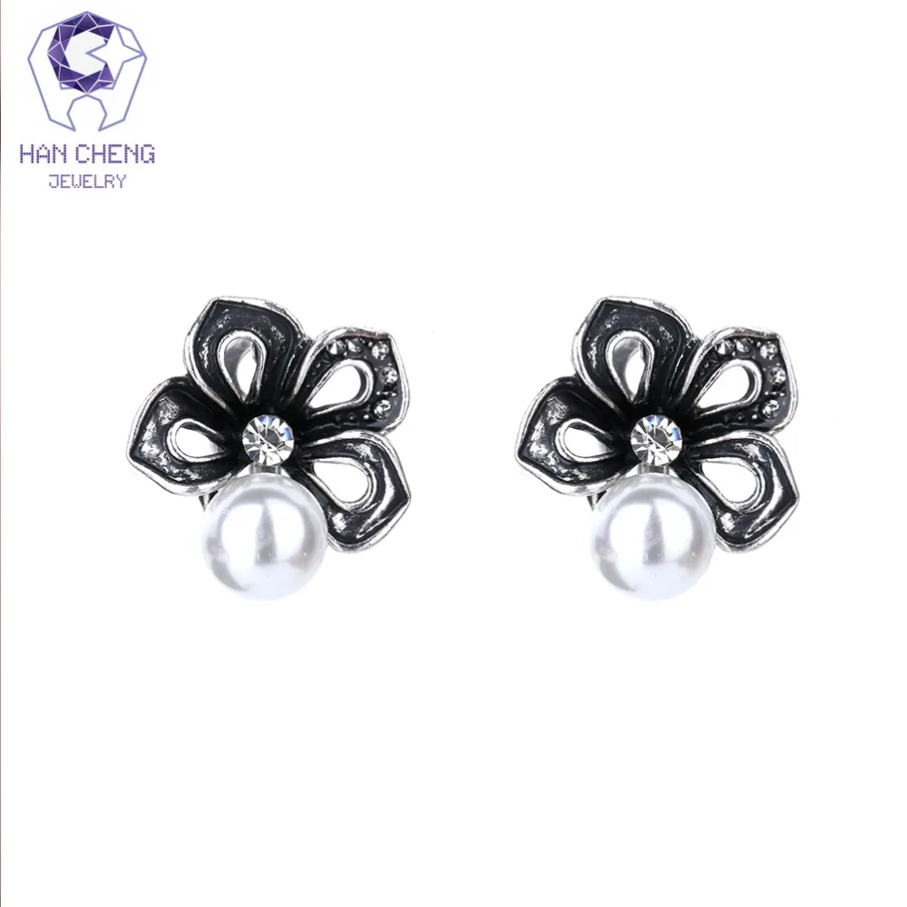 Женские серьги клипсы HanCheng Винтажные с жемчужинами и стразами ювелирное изделие