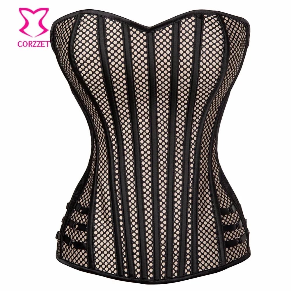 

Black Floral Lace Fishnet & Beige Satin Steampunk Corset Gothic Korsett For Women Sexy Corsets And Bustiers Burlesque Clothing
