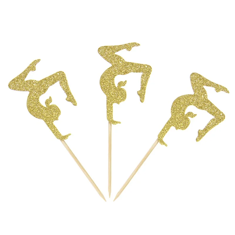 12pcs Gymnast Cupcake Toppers Gold Glitter Gymnastics Girl Cupcake Picks Baby Shower Birthday Party Cake Decors