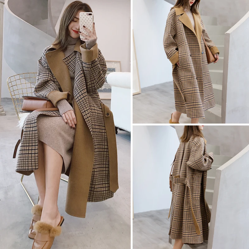 

2021 Fashion Women's Autumn Winter Warm Thick Woolen Long Loose Coat Korean Double-breasted Lapel Wool Coat Lattice Blends Coat