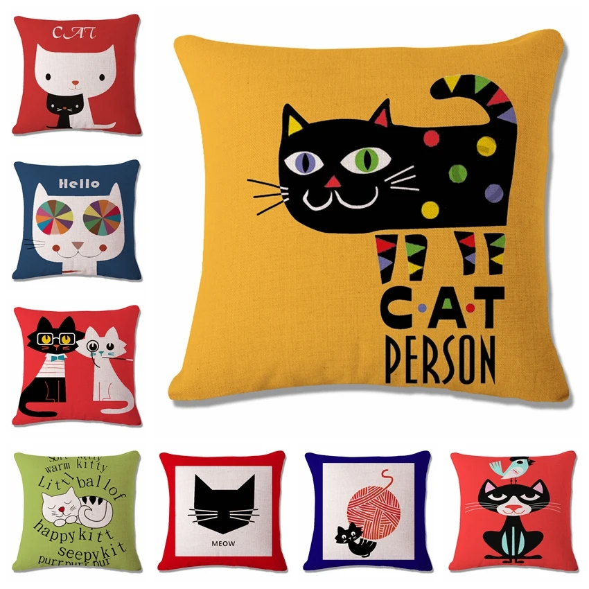 

Lovely Cartoon Funny Cat Cushion Cover Print Linen Affection Sofa Car Seat Home Decorative Throw Pillow Case Housse De Coussin