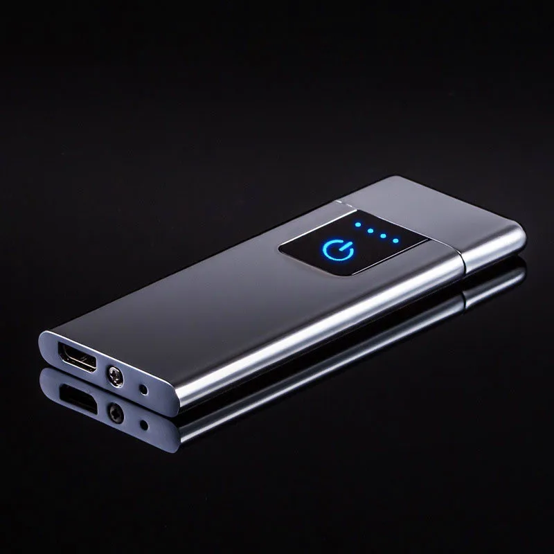 Silver Yooap Ultra-thin Electric Lighter 0.4cm Metal Frosted Windproof Display Touch Switch Double Sided Creative Cigarette Usb Lighter - Цвет: Silver
