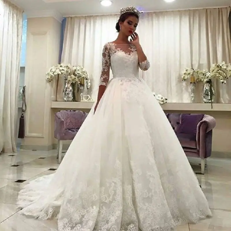 

New 3/4 Sleeve Long Wedding Dress 2017 Boat Neck Ball Gown Chapel Train Tulle Lace Bridal Gowns Robe de mariage Custom Make