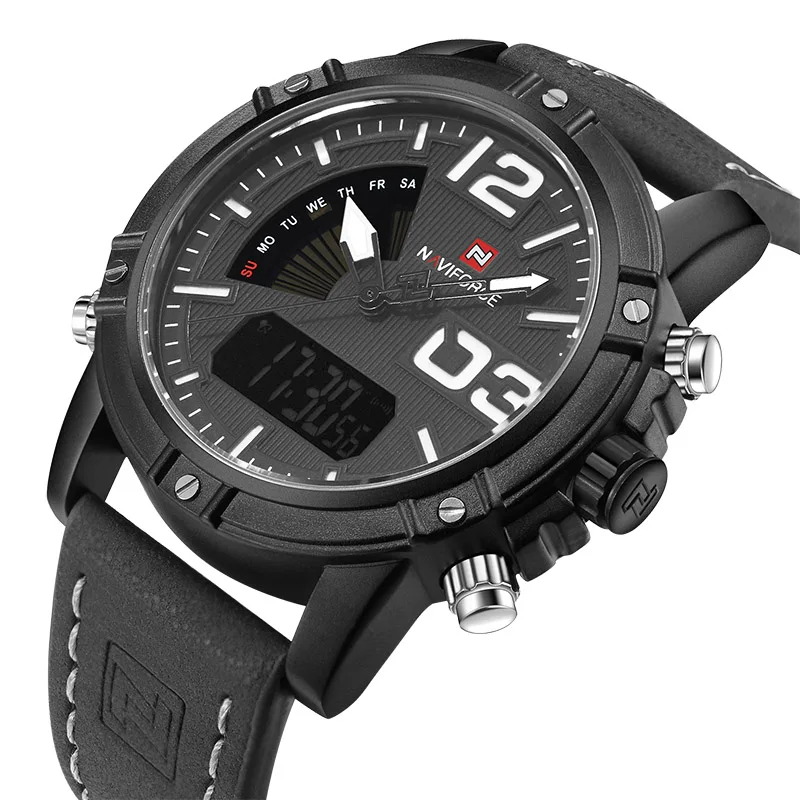Black White Роскошный бренд NAVIFORCE мужские кожаные военные часы Мужские кварцевые аналоговые светодиодные цифровые спортивные наручные часы relogio masculino - Цвет: Black White