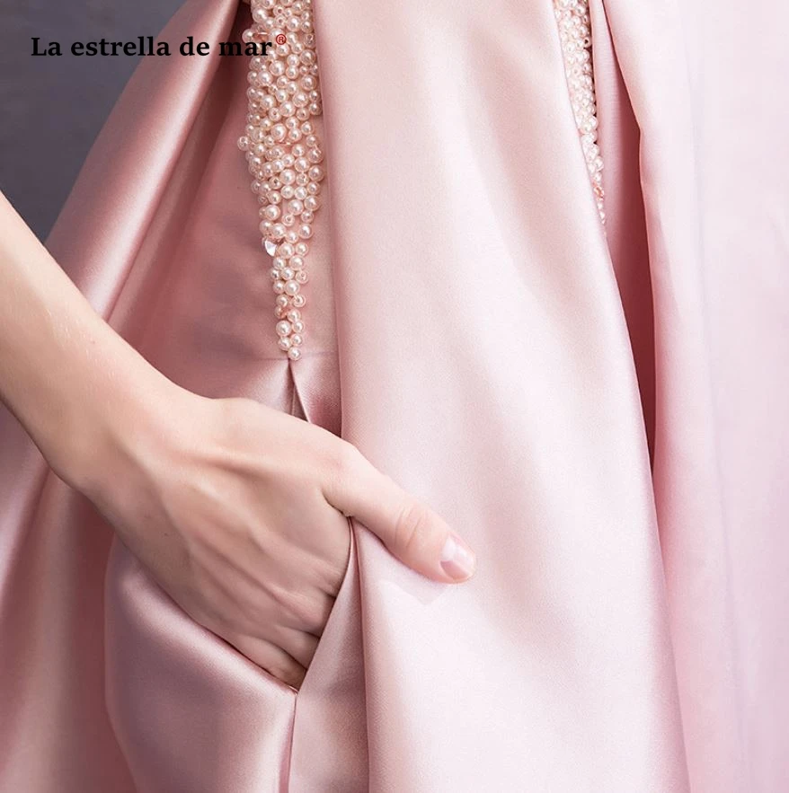 Vestido madrinha longo2019 атласный жемчужный рукав три четверти ТРАПЕЦИЕВИДНОЕ розовое платье подружки невесты ретро свадебное платье abiti dami