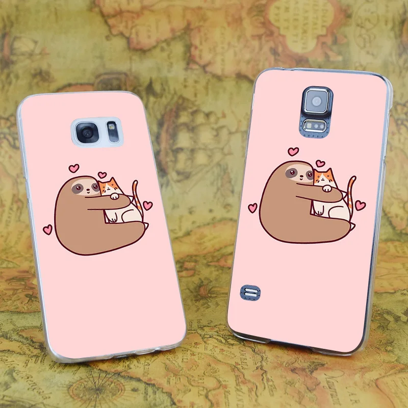 E1172 Sloth Loves Cat Transparent Hard PC Case Cover For Samsung Galaxy Note S 3 4 5 6 7 8 9 Mini Edge Plus |
