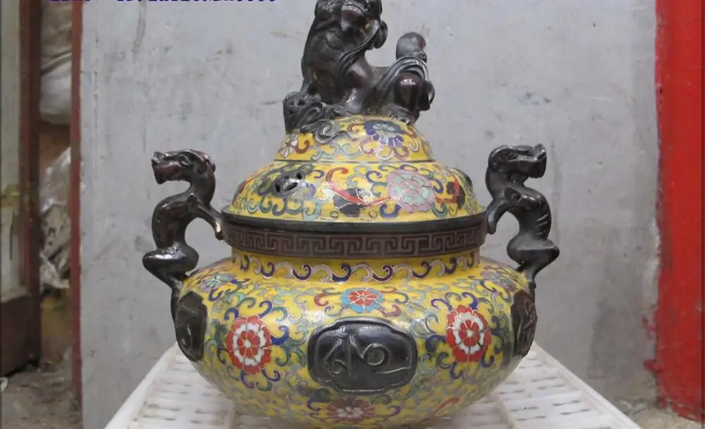 10 &quotКитай старинные бронзовый Перегородчатые foo собака Лев сю цю два дракона ухо