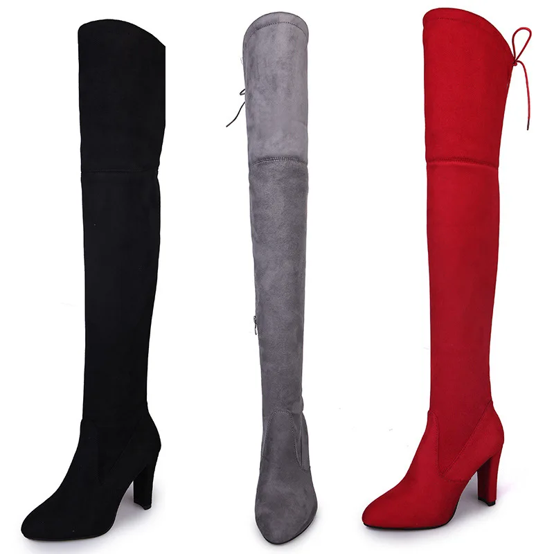 Women Long Boots Sexy High Heels Suede Lace Up Over The Knee Boots Autumn Winter Warm Shoes Female Slim Thigh High Boots Party images - 6