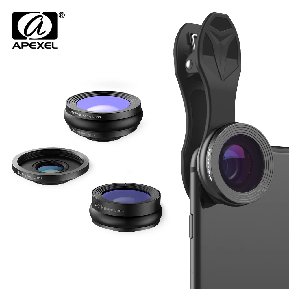 APEXEL 3 в 1 230 градусов рыбий глаз 0.36x широкоугольный 15X макрообъектив фотообъектив с