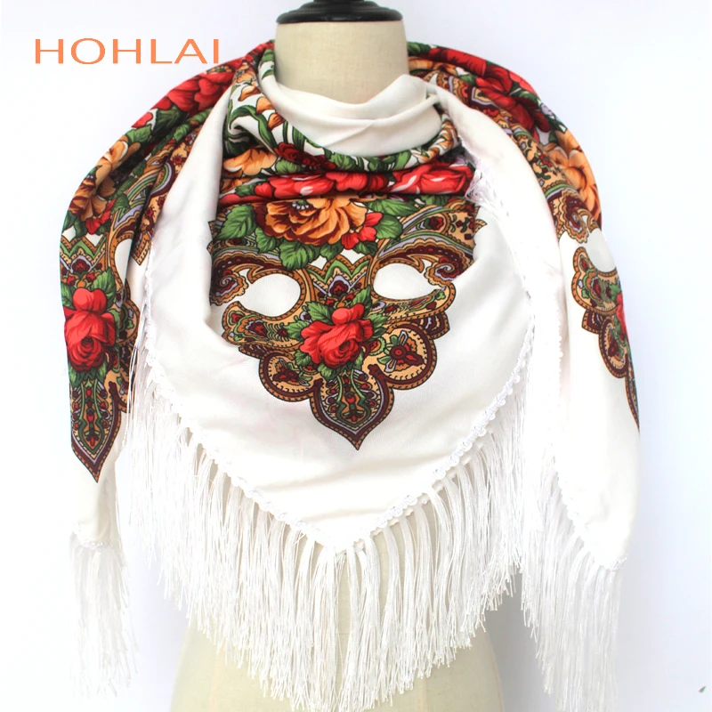 Luxury Brand Winter Russian Fringe Big Scarves Floral Printed Scarf Shawl Gift Cotton Lady Warm Square Wrap Sunshade Scarves