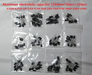 Набор алюминиевых электролитических конденсаторов, 120 шт., 12 значений, 0,22 мкФ-470 мкФ, набор в ассортименте, упаковка 0,4712.24.710223347100220