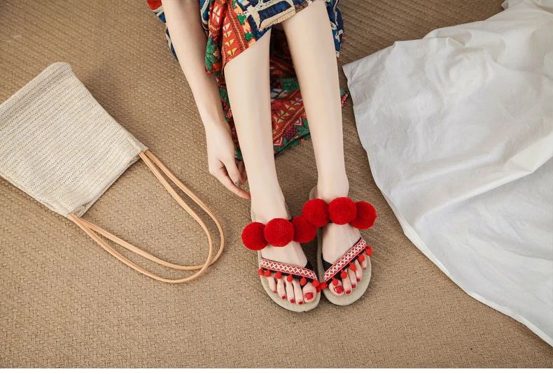 Женские сандалии с помпонами; Boho Hemp Espadrilles; пляжные шлепанцы; Летние праздничные Вьетнамки; Размеры 35-44