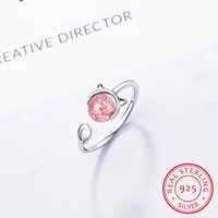 100 925 sterling silver cat ring cute animal strawberry crystal finger rings for women adjustable engagement jewelry