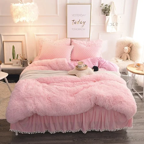 bedding set 1 Роскошные Плюшевые с длинным ворсом, пододеяльник набор стеганый помпонами и бахромой оборками плоский лист н Постельное белье близнец полный queen King 4/6 шт - Цвет: bedding set 1