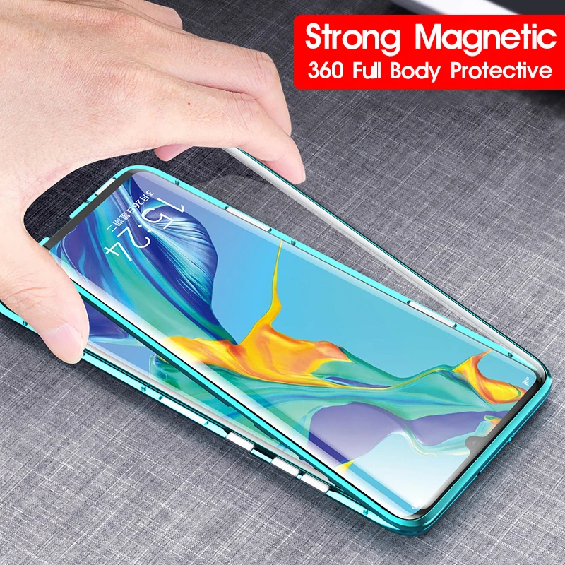 Double Curved 360 Full Body Case For Huawei P30 Pro P20 P20Pro P30Pro Phone Magnetic Metal Bumper &Front Tempered Glass Cover On |