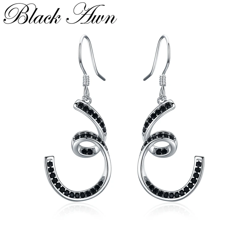 

[BLACK AWN] Silver Color Jewelry Spiral Black Spinel Wedding Drop Earrings for Women Fashion Jewelry I136