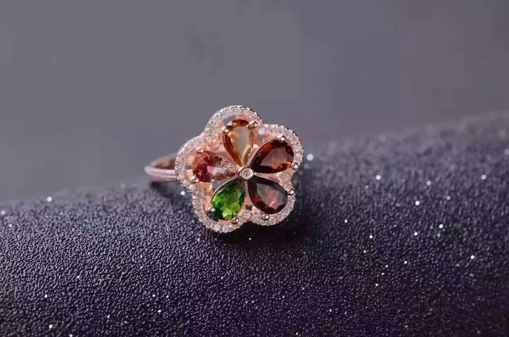 

Natural multicolor tourmaline gem jewelry sets natural gemstone Pendant ring 925 silver Elegant luxurious Flowers women jewelry