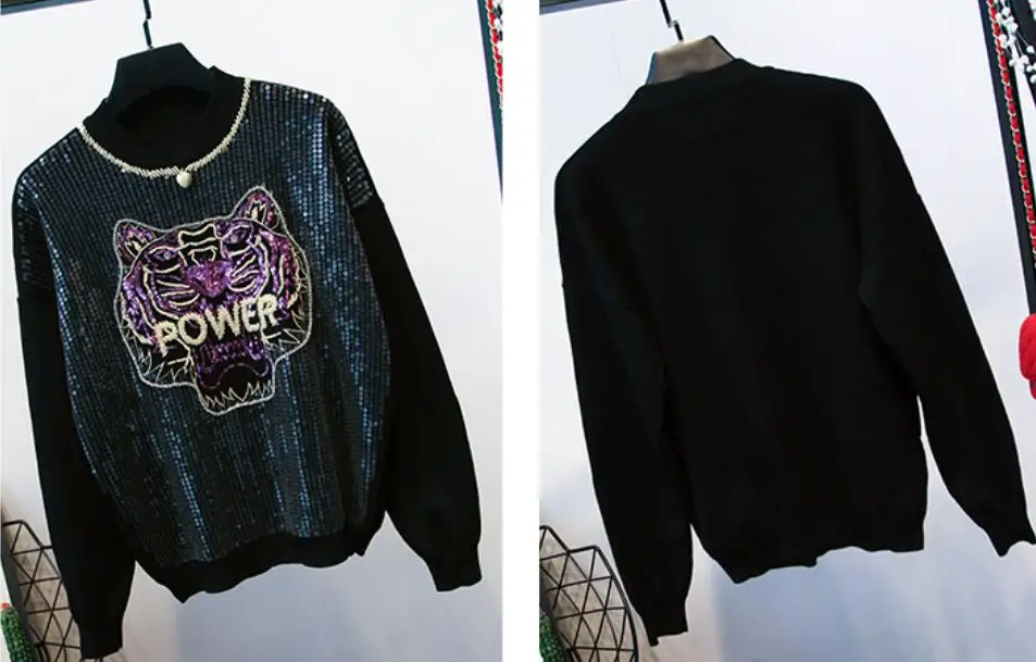 New Fashion Autumn and Winter Women's Tiger Sequins Long-sleeved Sweater+ Knitted Trousers Two Pieces Female Pants Suit