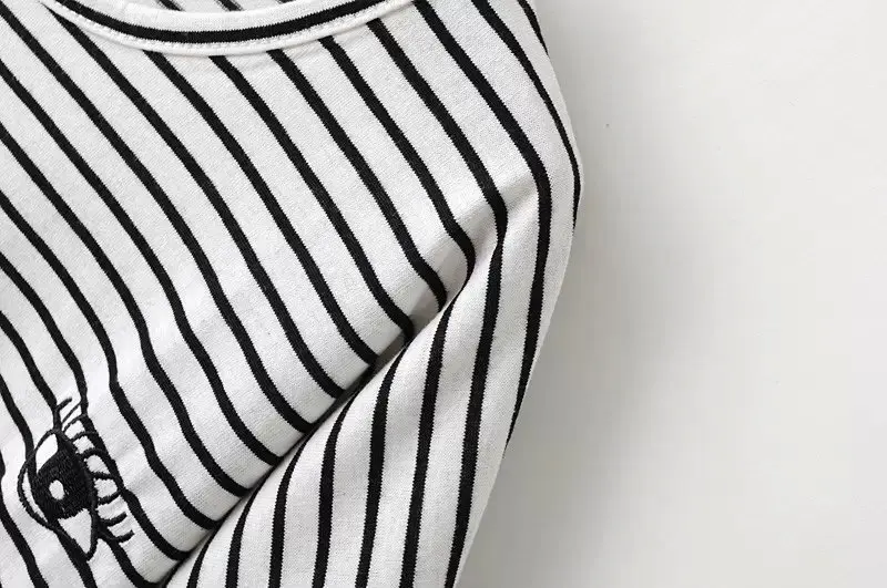 Fashion Brand New Women Cotton Striped Tee Shirts O-neck Casual Ladies T-shirt with Embroidered Eyes Leisure Vestidos | Женская одежда