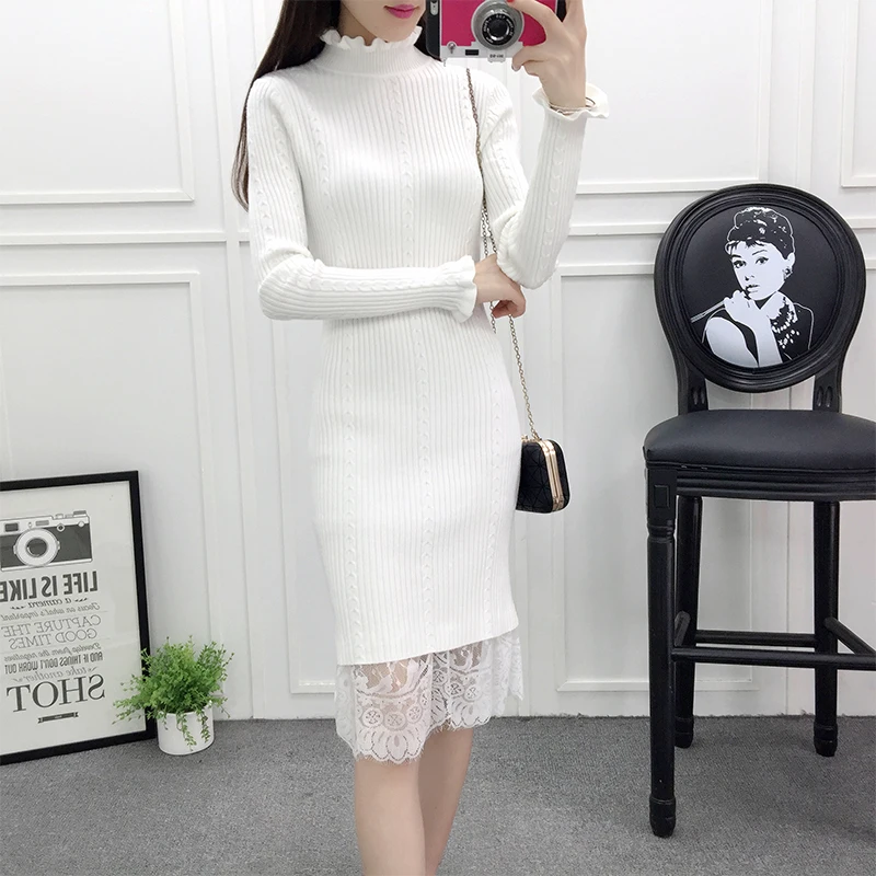 

New Winter Female Fashion Thermal Knitted Ruffles Turtleneck Lace Knee-length Sweater Dress Ladies Slim Fit Bodycon Jumper Dress