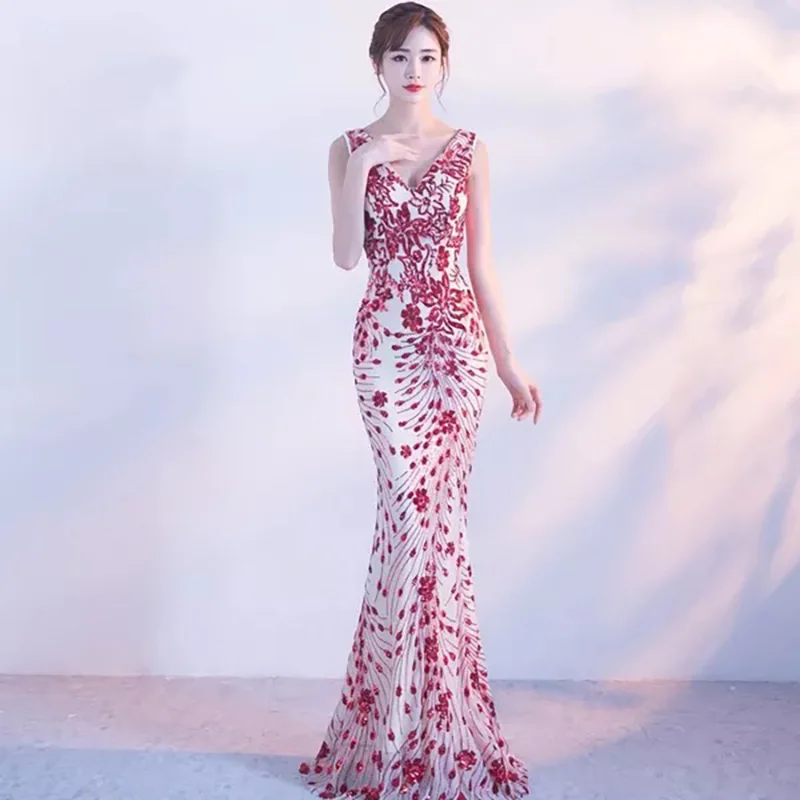 

D048 без рукавов Высокое качество красный цветочный блестками Пол Длина Русалка платье