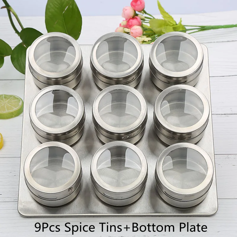 9Pcs(Bottom Plate) 1 Набор с магнитным дном для специй Набор банок с наклейками из нержавеющей стали для специй солевые банки хранилище специй контейнер для перца приправа спреи инструменты - Цвет: 9Pcs(Bottom Plate)