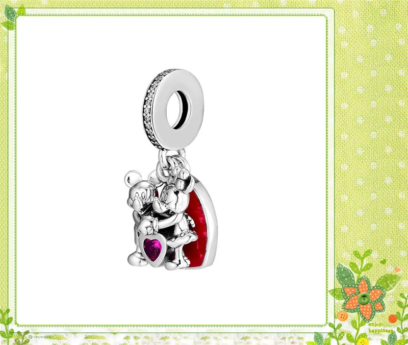 Fit Pandora браслет Минни и Микки с любовью Подвеска Шарм в форме сердца Красная эмаль и CZ ручная работа серебро 925 ювелирных изделий FL904