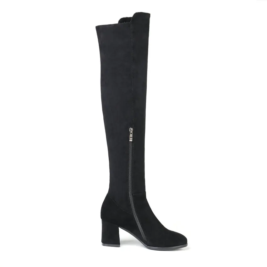 ESVEVA 2019 Women Boots Winter Warm Fur Over The Knee Flock Western Style Square High Heels Sewing Ladies Size 34-43 | Обувь