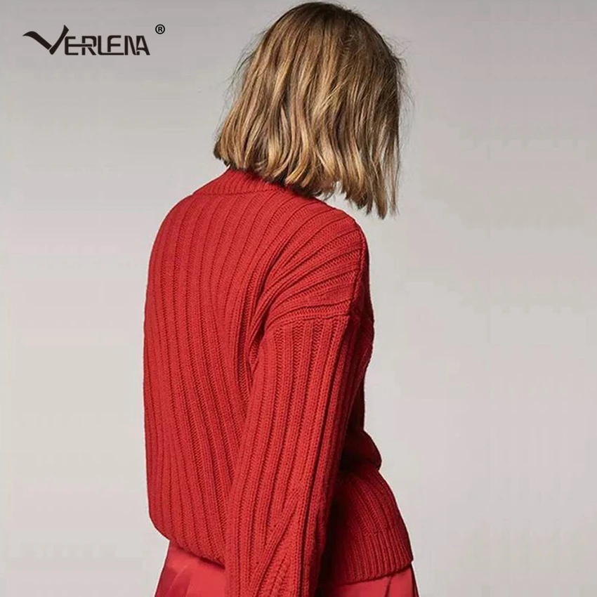 Verlena 2018 толстый теплый осенний красный свитер женский полосатый длинный