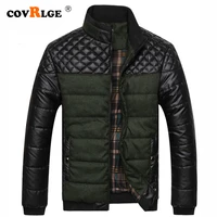 covrlge men casual parka padded 2019 winter jacket mens warm pu leather patchwork color stand collar zipper thick coat mwm079