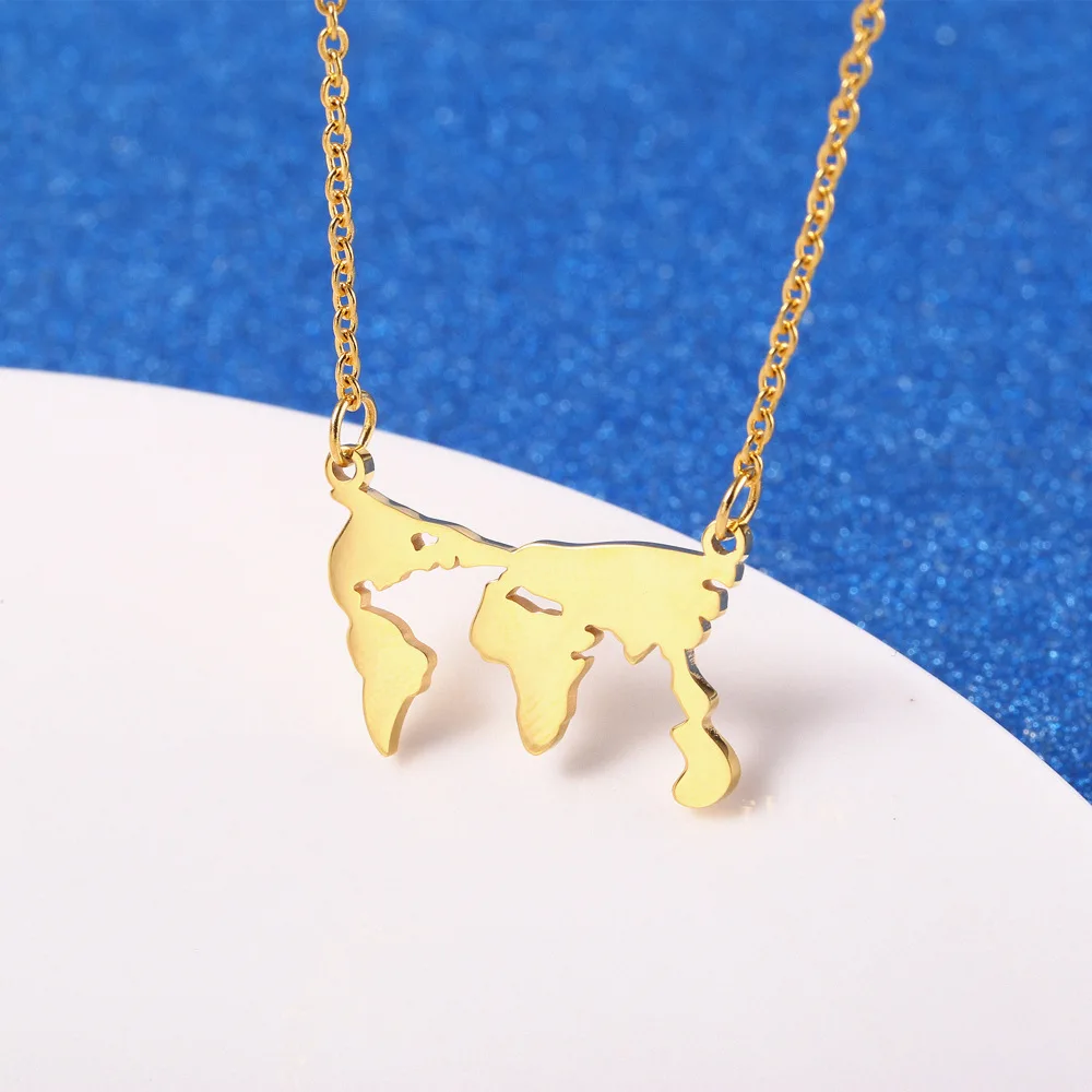 Ожерелье из нержавеющей стали цвета розового золота с изображением карты мира