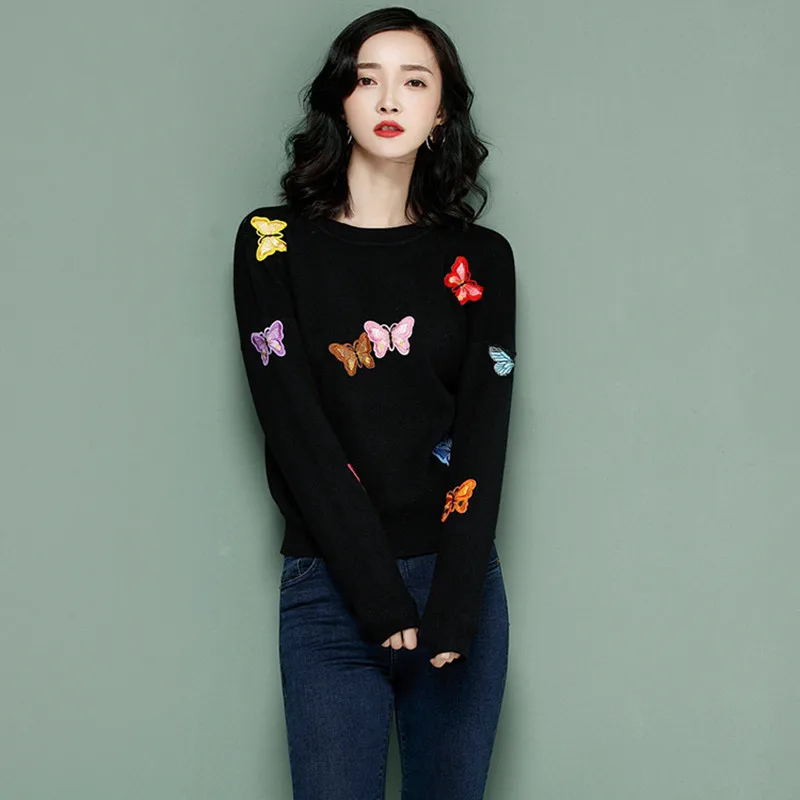 Korean Women Knitted Embroidered Pullover Sweater Women's Butterfly Flower Femme Tricot Pull Autumn sweater fem | Женская одежда